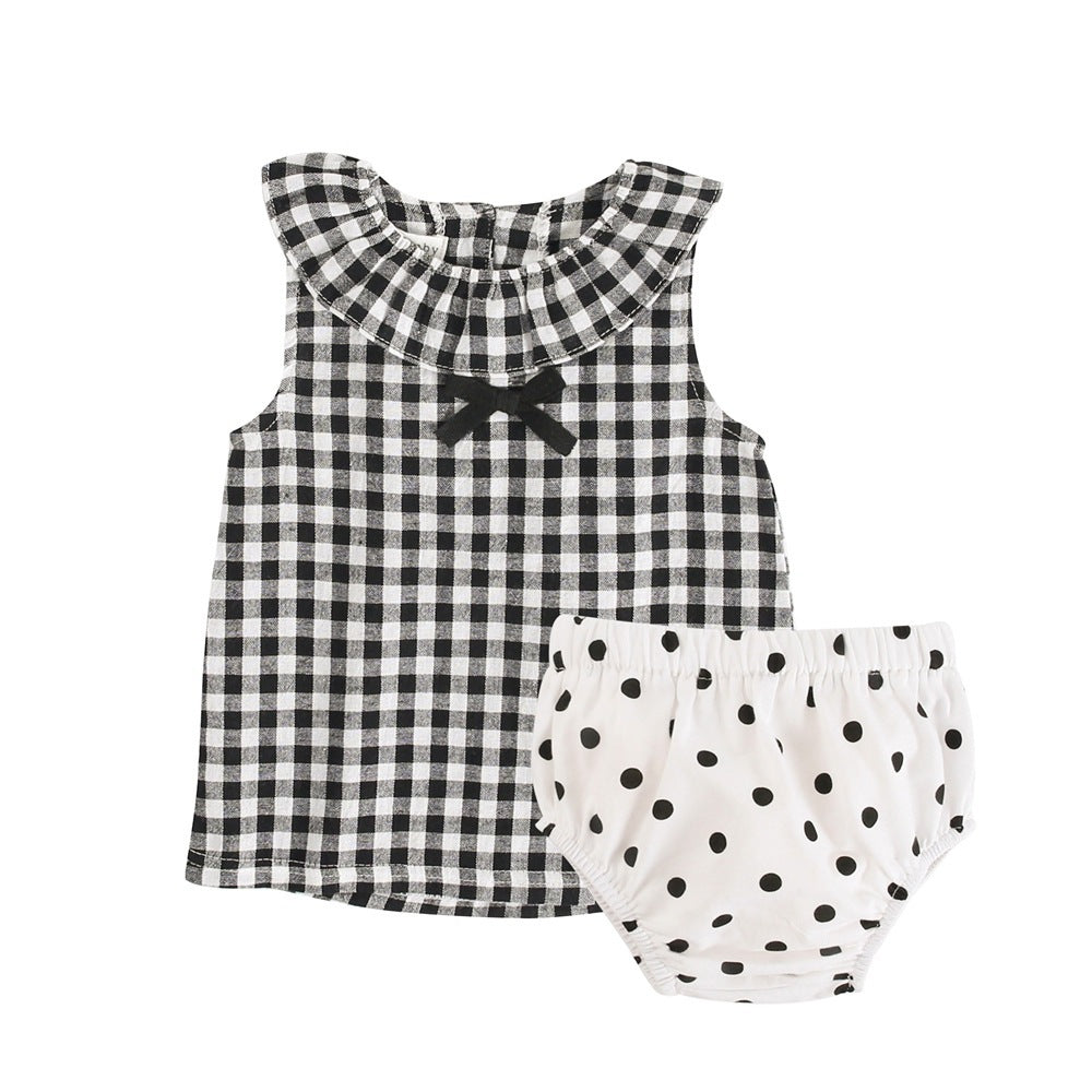 Korean Version Of Childrens Clothing Summer Ins Plaid Dots Childrens Two-Piece Bowknot T-shirt Briefs Baby Suit Europe And America
