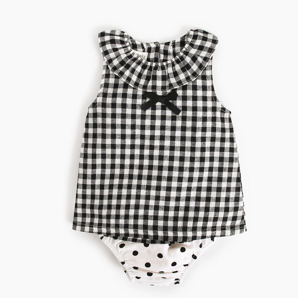 Korean Version Of Childrens Clothing Summer Ins Plaid Dots Childrens Two-Piece Bowknot T-shirt Briefs Baby Suit Europe And America